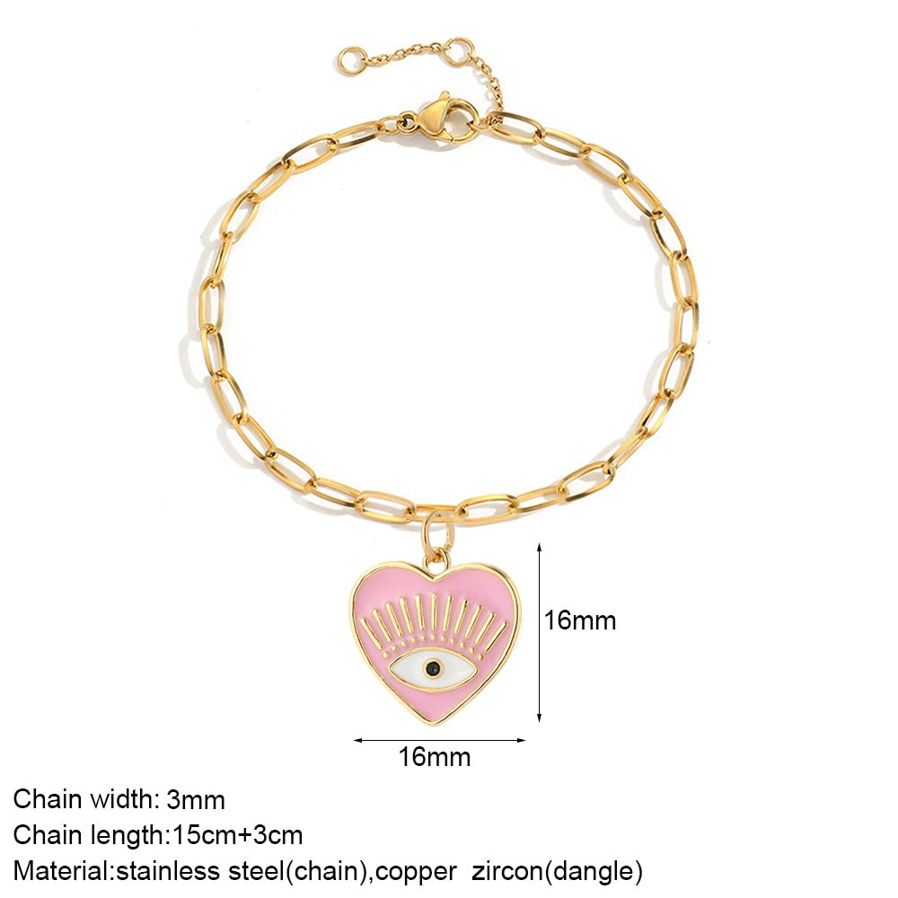 Cute Heart Love Sun Angel Charms Bracelet for Women Evil Blue Eye Gold Color Stainless Steel Chain Copper CZ Dangle Bangle