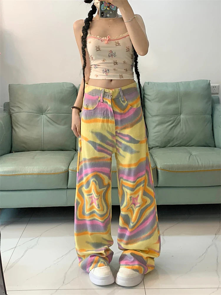 lovwvol Women's Star Tie Dye Pattern Design Thin Pants Young Girl Summer Street New Bottoms Casual Female Straight Trousers