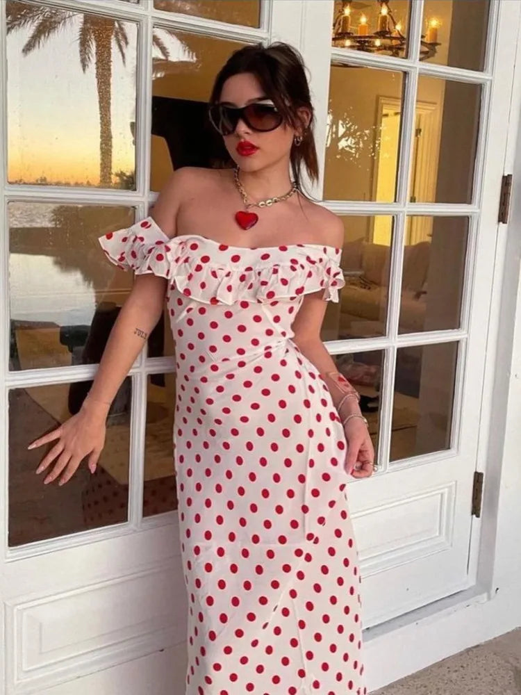 Polka Dot Ruffles Bandage Maxi Dress Women Off Shoulder Slim Elegant Party Dress Summer Beach Holiday Sundresses