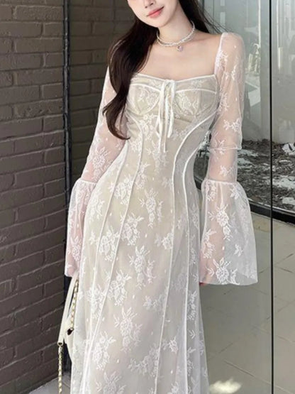 Women's Lace Dress Mesh Patchwork Long Sleeve Square Collar A-line Lace Up Sexy Club Prom Robe Evening Party Vestido Mujer New