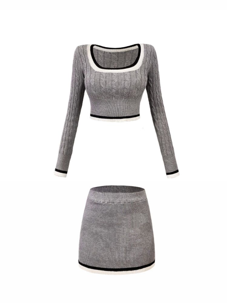 lovwvol Fashion Knitted Suit Woman Y2k Crop Tops Sweater + Casual Shirt + Slim Bodycon Mini Skirt Korean 3 Piece Set Skirt 2024 Autumn