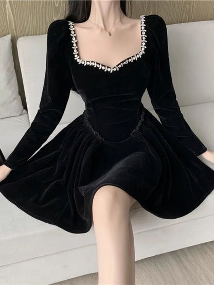 lovwvol QWEEK Vintage Elegant Black Party Dresses Evening Retro Velvet Tepmweament Wrap Slim Mini Short Dress Square Collar