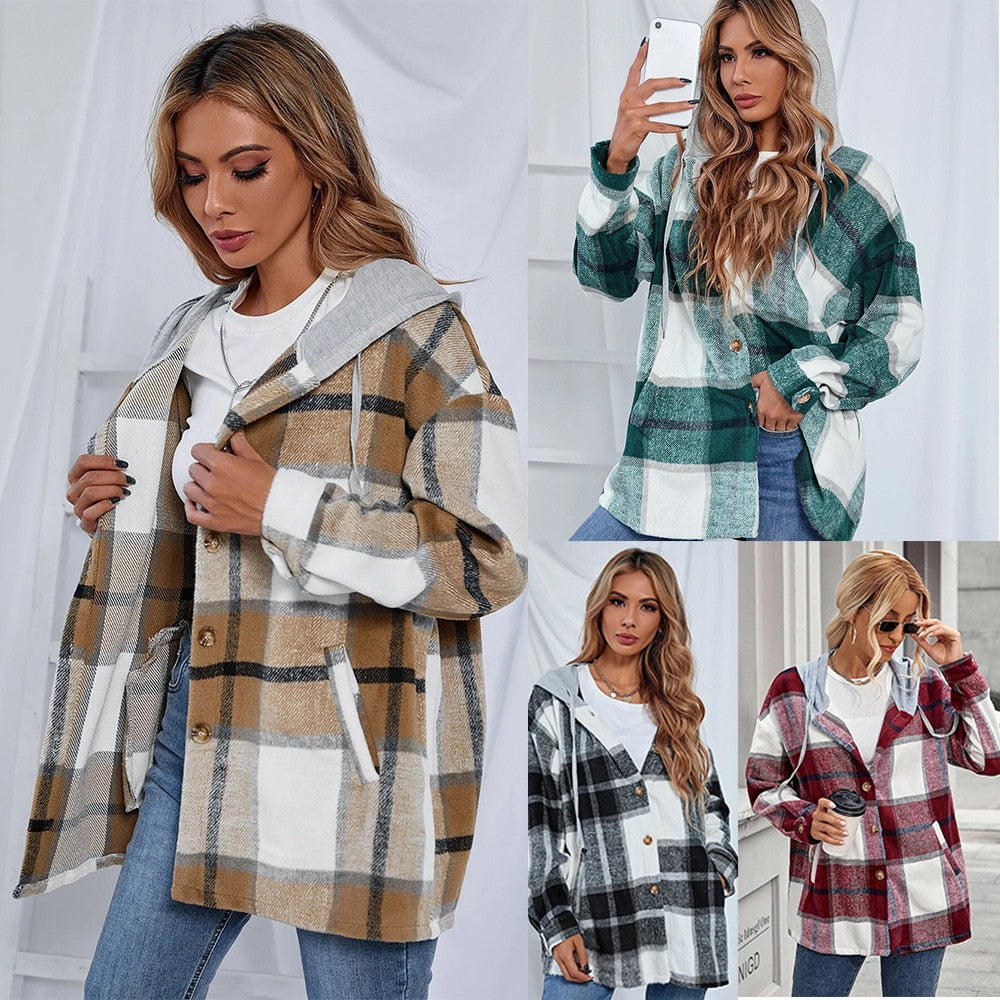 lovwvol     Vintage Plaid Jacket Womens Wool Blend Coats Hoodies Streetwear Flannel Hooded Woolen Za Woman Overshirt Oversized Shirts