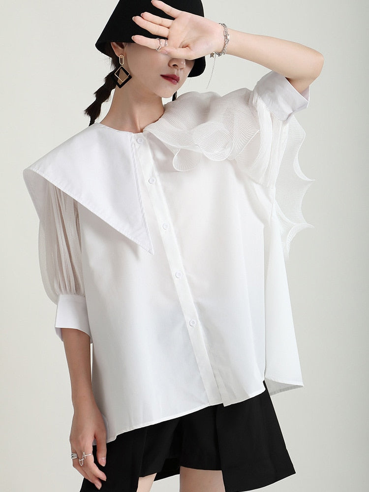 Women Green Irregular Ruffles Big Size Blouse New Lapel Short Sleeve Loose Fit Shirt Fashion Spring Summer 2023