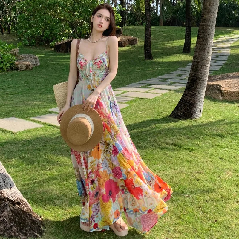 lovwvol  -  Korean style Vacation Dress Summer Sexy  New Dresses Temperament Colorful Retro Low Neck Sling Strap Flower Vestido