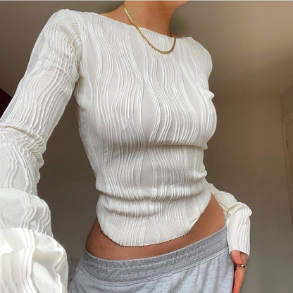 Autumn Ruched Long Sleeve T Shirts Women Casual White Skinny Black Basic Tee Fashion Street Cropped Top Y2K Clothes T-shirt