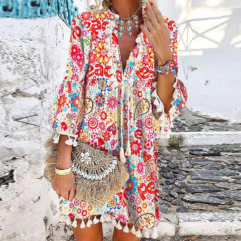 Women Vintage Print V Neck Tassel Mini Dress Casual Loose Three Quarter Sleeve Beach Dress  Spring Summer Party Dress Femme