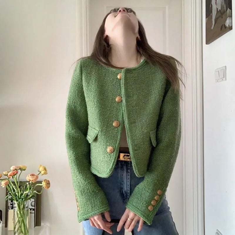 Korean Chic Green Short Jackets Women Autumn Winter Fashion Street O Neck Cropped Coat Buttons Tweed Outerwear Top