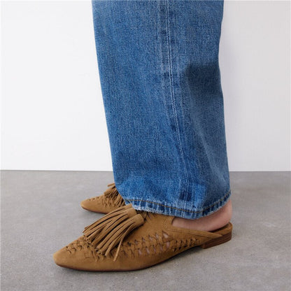 New Genuine Suede leather Oxfords Women Fringe Tassel Slides Mules Streetwear Flat Heel Cut Out Shoes Slippers Plus Size