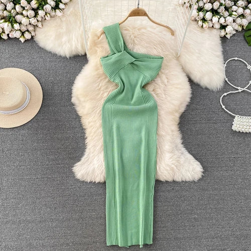 Chic One Shoulder Solid  Sleeveless Knit  Dress Slim High Waist Evening Party Diagonal Collar Dress Women Summer