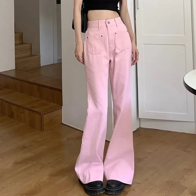 lovwvol With Pockets Pants for Woman Pink Women's Jeans High Waist Shot Flared Bell Bottom Straight Leg Flare Trousers 2000s Y2k Vibrant