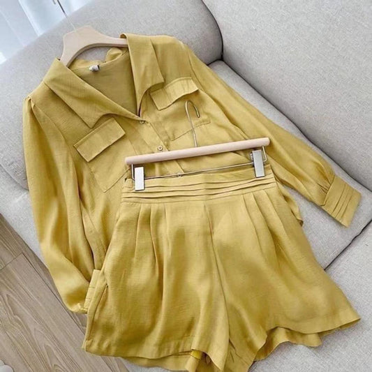 New Women Autumn Shorts Suits Holiday Lantern Sleeve Lapel BlouseS High Waist Pants Two Pieces Jogger Sets Ladies Casual Outfits