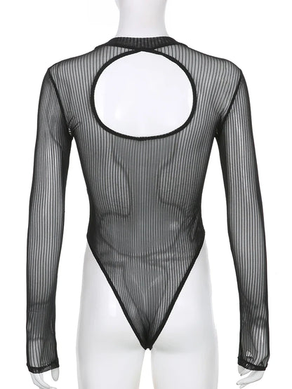 lovwvol Fashion Skinny Black Stripe Naked Sexy Bodysuit Long Sleeve Summer Women's Bodies See-Through Party One Piece Outfits