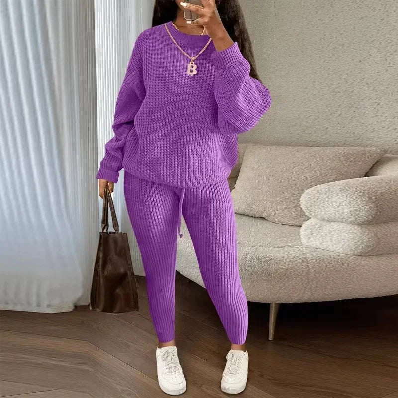 lovwvol  -  Winter Two Piece Sets Women Clothing Autumn Fashion Casual Solid Round Neck Pullover Loose Pit Knitted Sweater Pants Suits