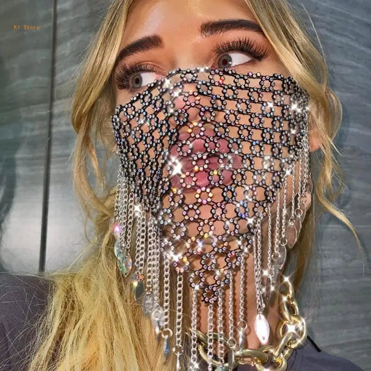 Rhinestones Mesh Mask Crystal Face Chain Masks for Belly Dancing Shows Masquerade Masks Costume Accessory