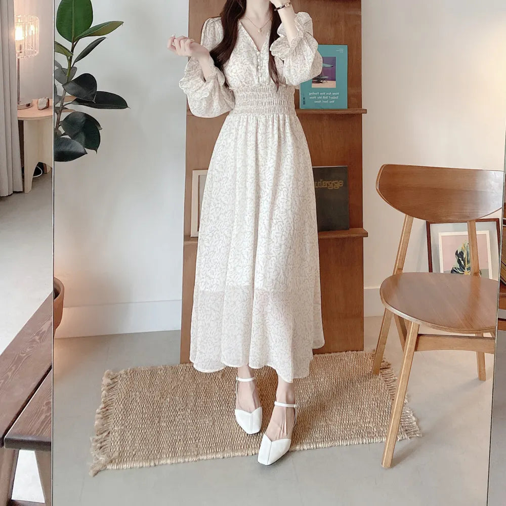 lovwvol Vintage French Style Floral Print V-neck Chiffon Robe Female Pleated Slim Waist Chiffon Dress Women Clothing Autumn  Vestido