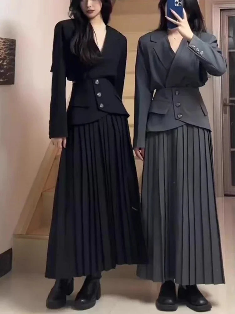 lovwvol   Fashion Designer Vintage 2 Piece Set Women Temperament Office Lady Long Sleeve Coat + Higt Waist Pleated Skirt Blazers Suit