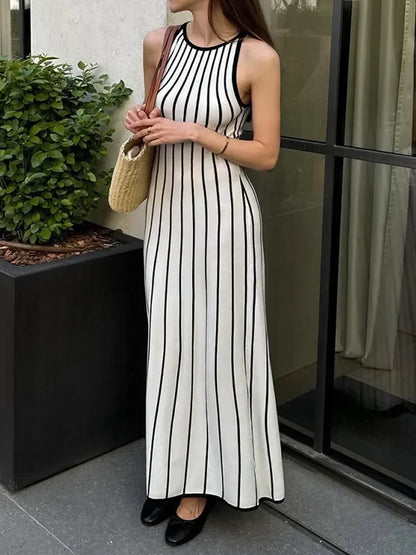 lovwvol Women Stripe Print Patchwork Knitted Maxi Dress Fashion O Neck Sleeveless Bodycon Dresses 2024 New Lady High Street Vestidos