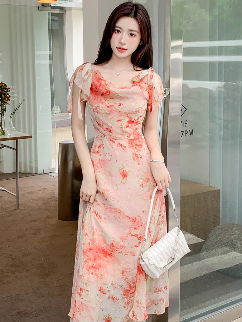 French Floral Suspender Chiffon Dress Seaside Holiday Beach Long Dress Summer Fairy Temperament Korean  Women's New Chic