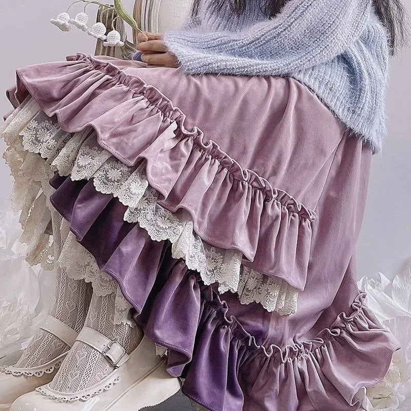 lovwvol Purple Vintage Evening Party Midi Skirt Women Lace Kawaii Lolita Fairy Skirt Autumn Winter Irregular Retro Elegant Skirts