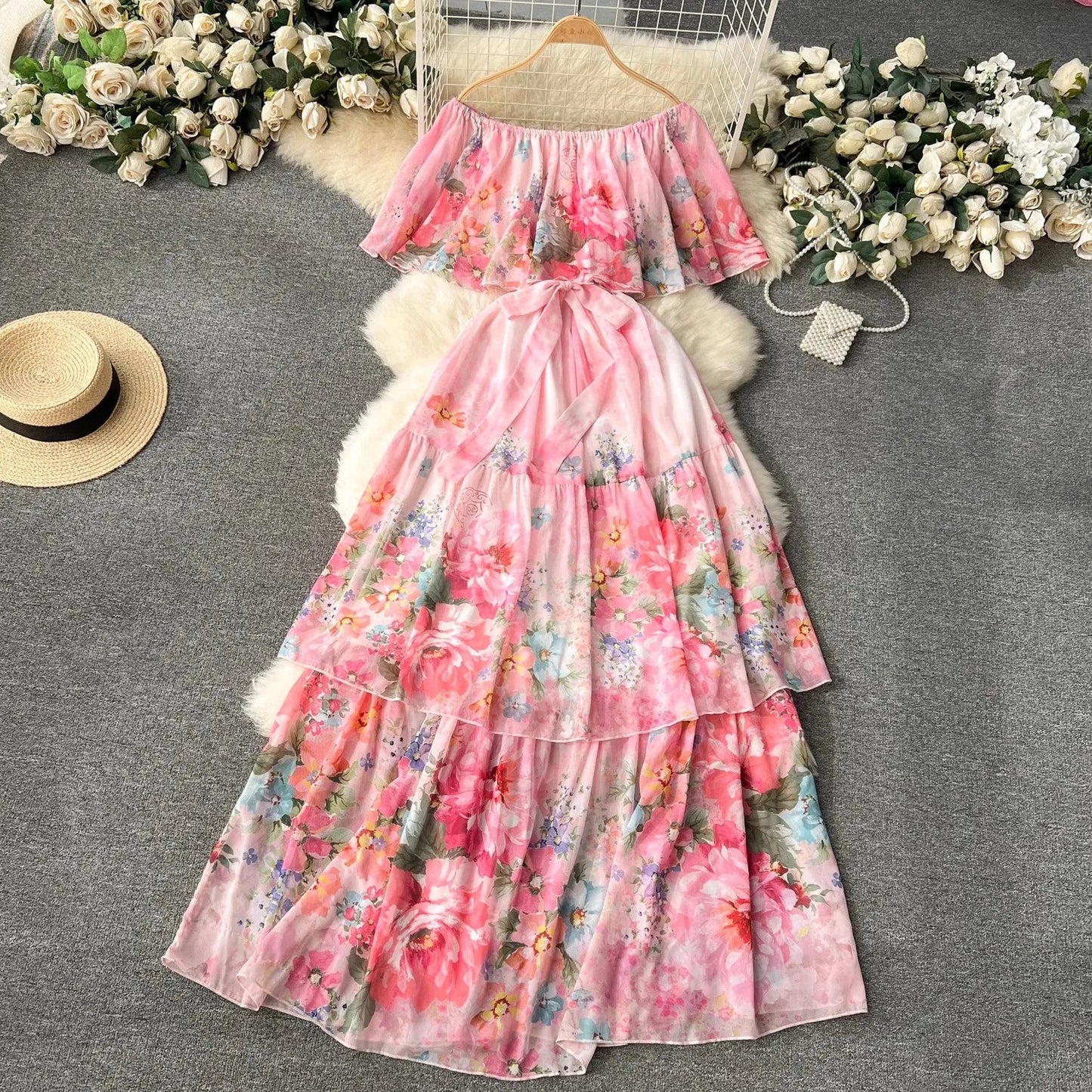 lovwvol Summer Runway Holiday Flower Cascarding Chiffon Dress Women Sexy Off Shoulder Ruffles Floral Print Boho Long Robe Vestidos