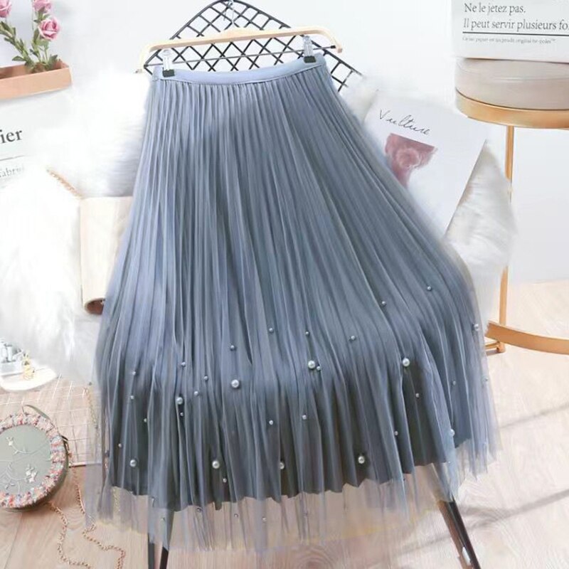 lovwvol Both Sides Wear Pearls Mesh Skirt Women Summer Velvet High Waist Long Skirts Woman Solid Color A Line Pleated Skirts