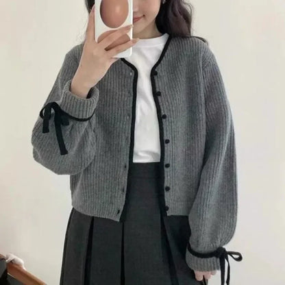 lovwvol Korean Style Gray Knitted Cardigans Youthful Woman Vintage Casual Cozy Sweaters Harajuku Aesthetic Outerwears Autumn