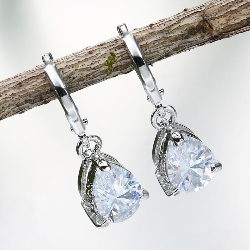 Gorgeous Pink Cubic Zircon Stones Earrings Exquisite Fashion Silver Color Metal Water Droplets Dangle Earrings for Women