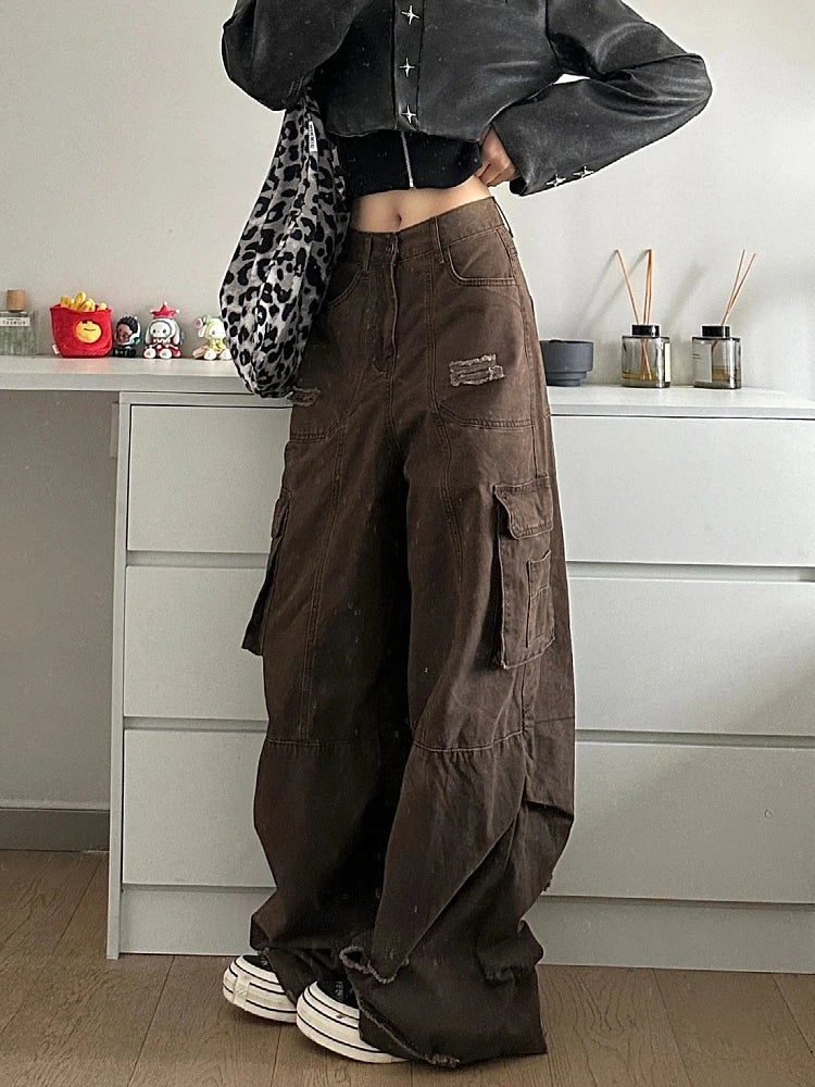 lovwvol Maillard Brown Pockets Cargo Pants Women Loose Casual Y2k Ripped Patchwork Distressed High Rise Baggy Jeans Workwear