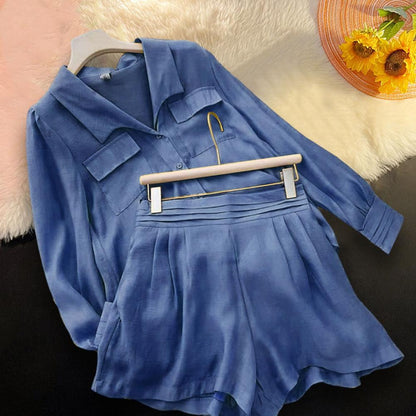 New Women Autumn Shorts Suits Holiday Lantern Sleeve Lapel BlouseS High Waist Pants Two Pieces Jogger Sets Ladies Casual Outfits