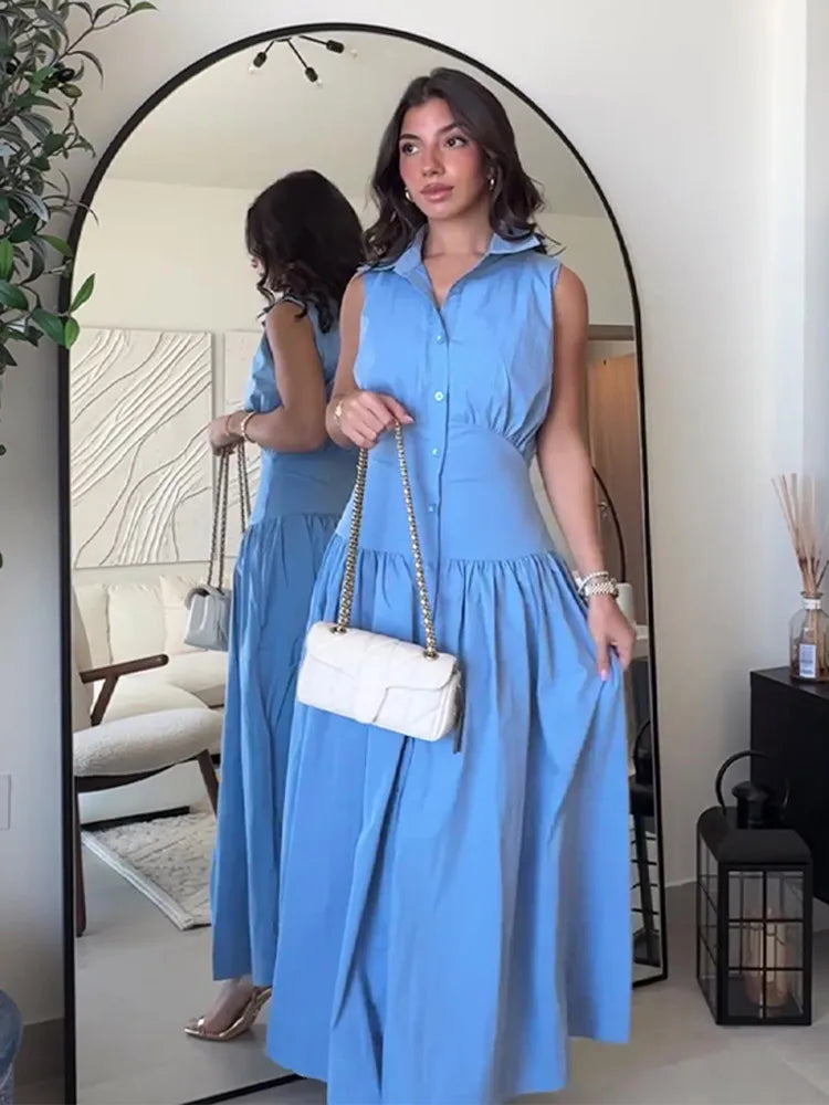 lovwvol Women Fashion Blue High Waist Sleeveless Dress Elegant Lapel Single-breasted A-line Dress 2024 Summer Office Lady Commuting Robe