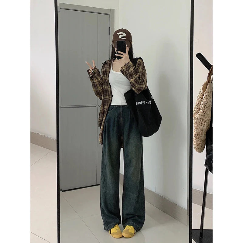 lovwvol - Harajuku Retro Women's High Waist Wide Leg Jeans Autumn Winter Thin Vintage Straight Leg Pants Fashionable Floor Mopping Jeans