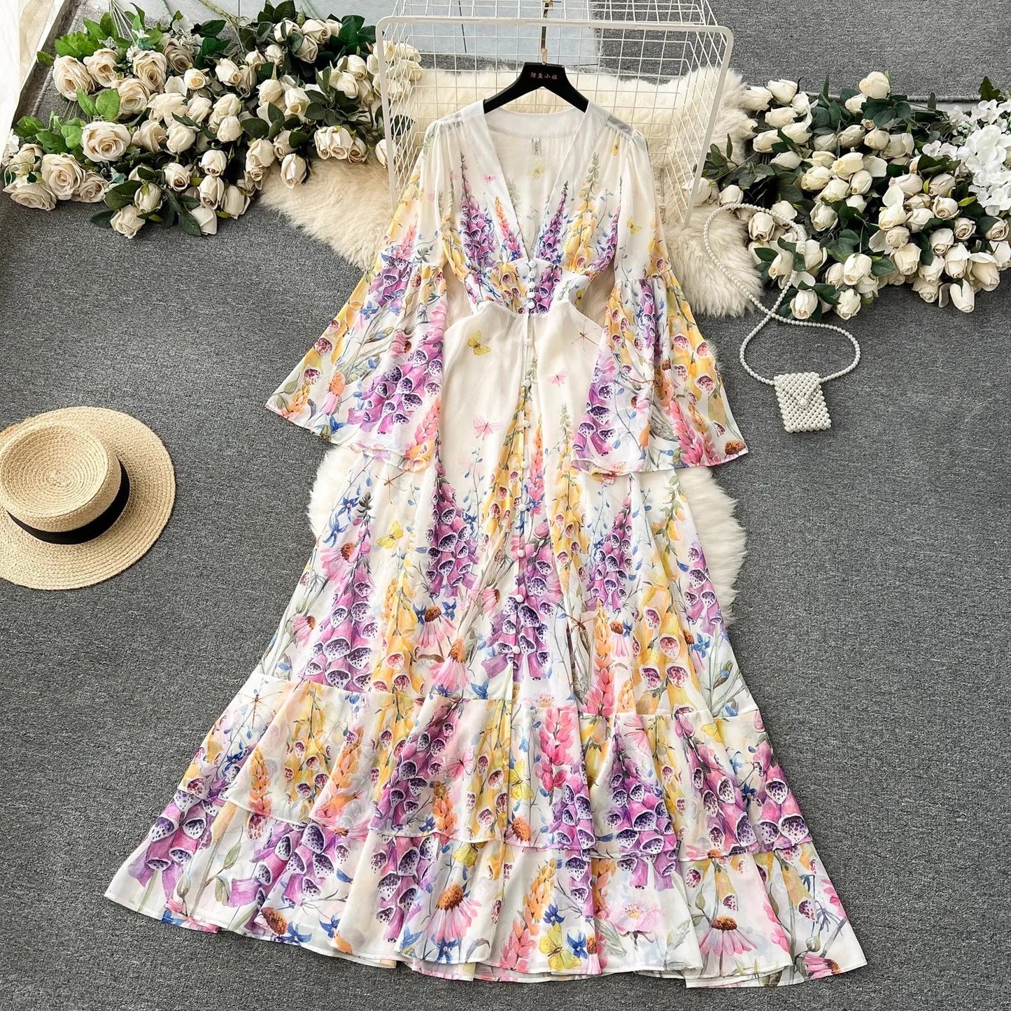 lovwvol Summer Holiday Gorgeous Cascading Cake Dress Women Flare Sleeve V Neck Flower Print Buttons Chiffon Bohemain Robe