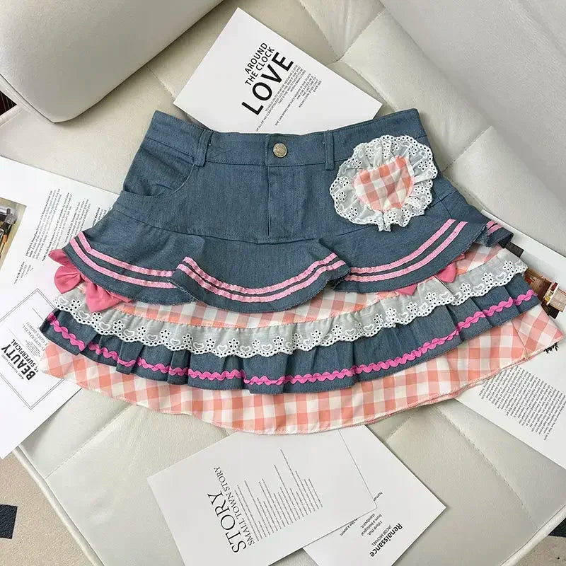 Kawaii Denim Skirt Women Japanese 2000s Style Y2k High Waist Bow Patchwork Cute Mini Jean Skirt Autumn Lolita Girl