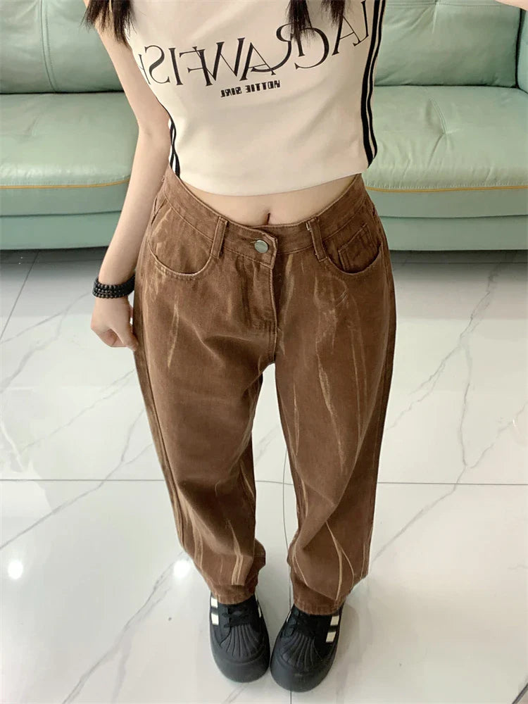 lovwvol Women's Vertical Tie Dyed Brown Thin Jeans Young Girl Summer New Bottoms Casual Trousers Female Straight Narrow Cut Pants