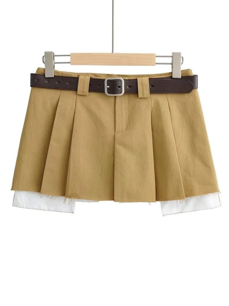 2023 new Spring fashion women low waist with belt clothes two pieces pleated mini skirt female short