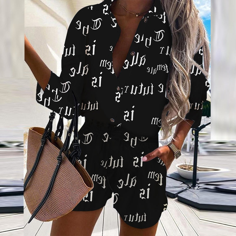 lovwvol New Elegant Print Two Piece Sets Women Summer Spring Turn-Down Collar Shirt Tops+ Shorts Woman Sets Casual Long Sleeve Shirts