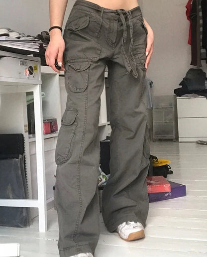 lovwvol Vintage Pockets Jeans Loose Mid-Waisted Cargo Pants Casual Wide Leg Pants Cool Women'S Trousers Fashion Streetwear