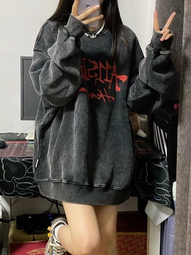 Emo Gothic Print Oversized Sweatshirts Women Harajuku Vintage Loose Hoodies Long Sleeve Crewneck Pullovers Female Tops