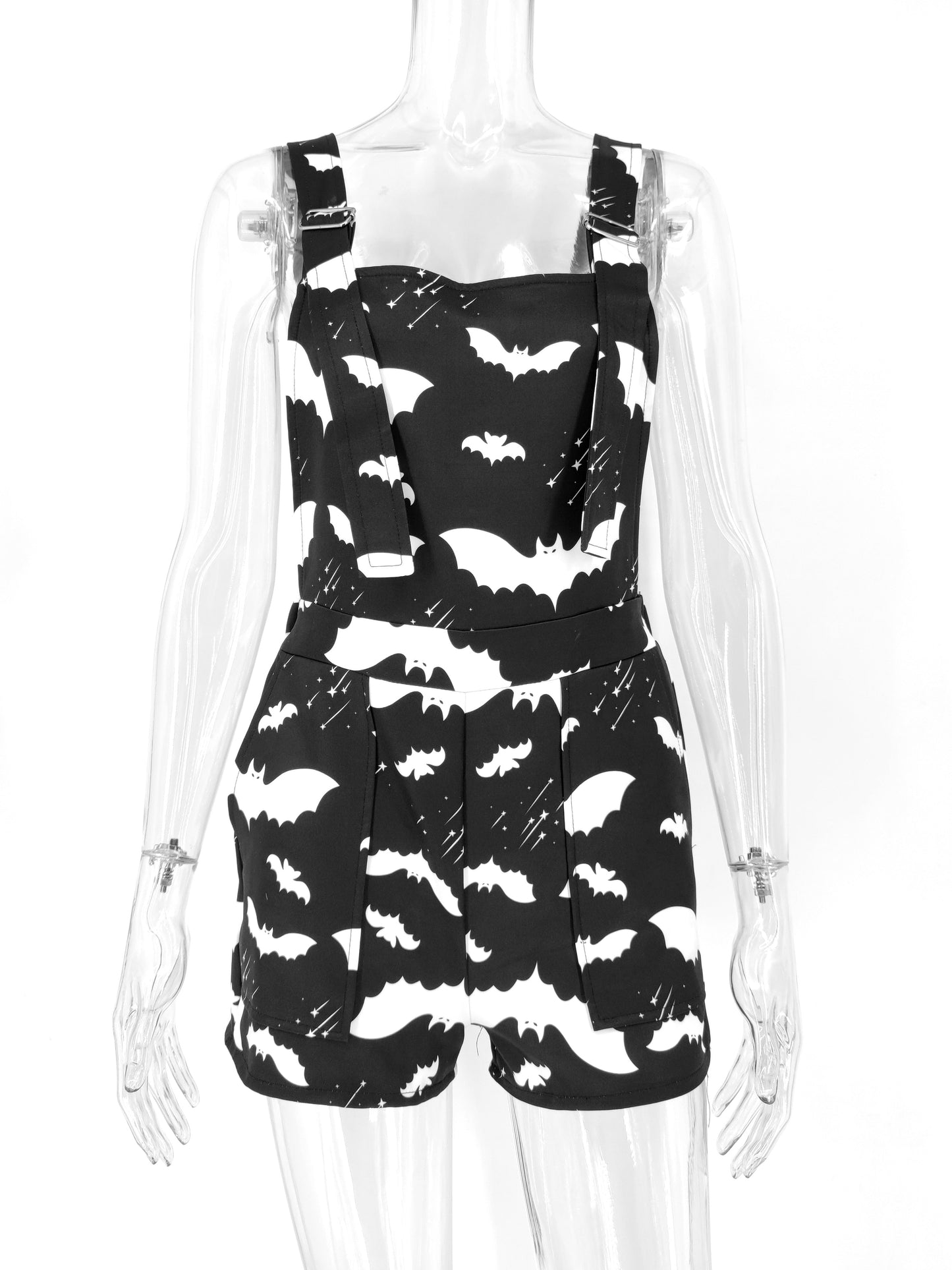 lovwvol Bat Pattern Overalls Gothic Emo Printed Bodysuits Women Grunge Punk Bodycon Aesthetic Sexy Club Rompers with Pockets