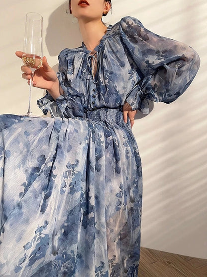 lovwvol French Vintage Long Sleeve Fairy Dress Women Slim Fashion Floral Midi Dress Beach Casual Korean Style Dresses Female 2023 Summer