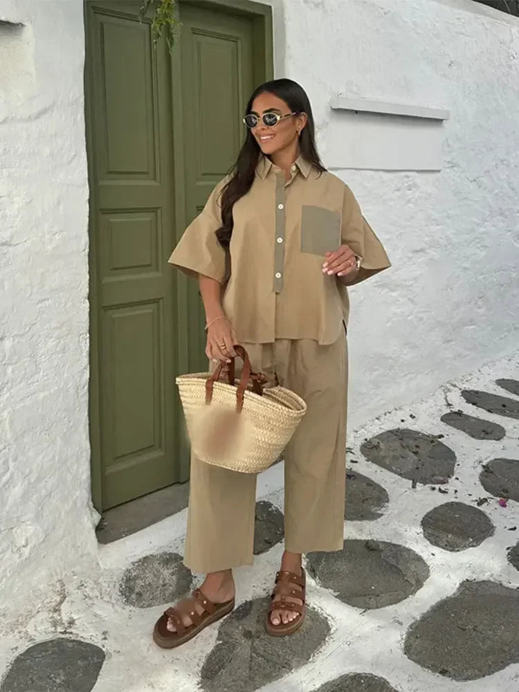 lovwvol  -  Women Casual Color Matching Shirt Pants Suit Chic Lapel Single-breasted  Loose Half Sleeved Blouse Straight Trousers Lady Set