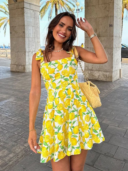 lovwvol Women Sweet Lemon Printed Mini Dress Chic Square Neck Sleeveless Lace Up A-line Dresses 2024 Summer Lady Street Pleated Robes