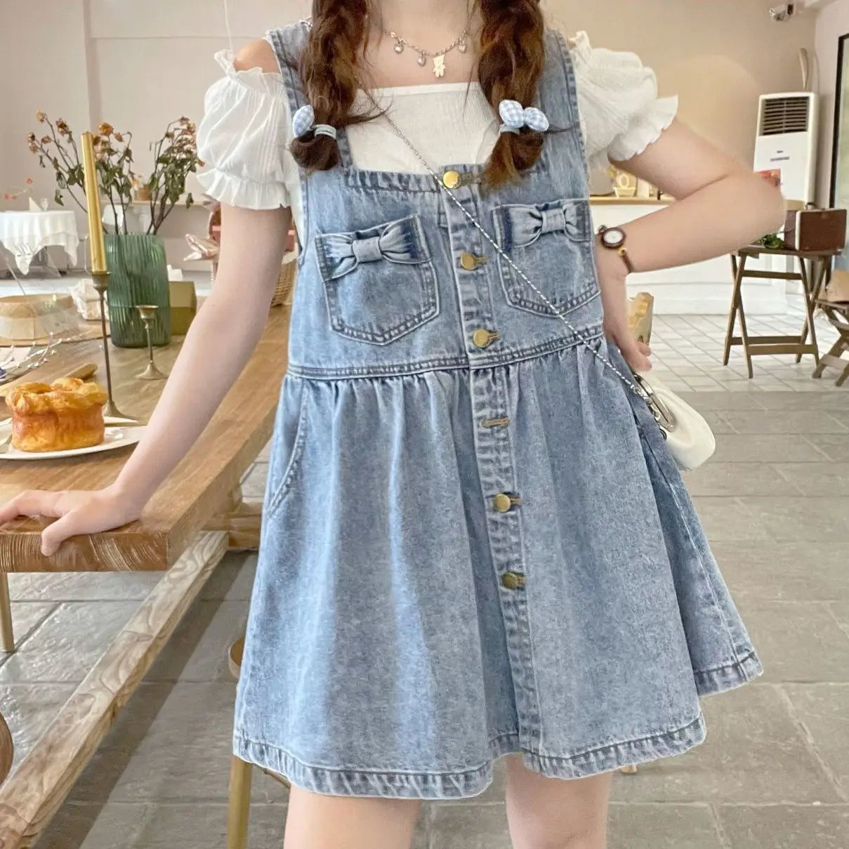 lovwvol Kawaii Strap Denim Short Dress Girls Overalls Summer Fashion High Waist Jeans Clothes Vintage Bow Casual Sleeveless Doll Dresses