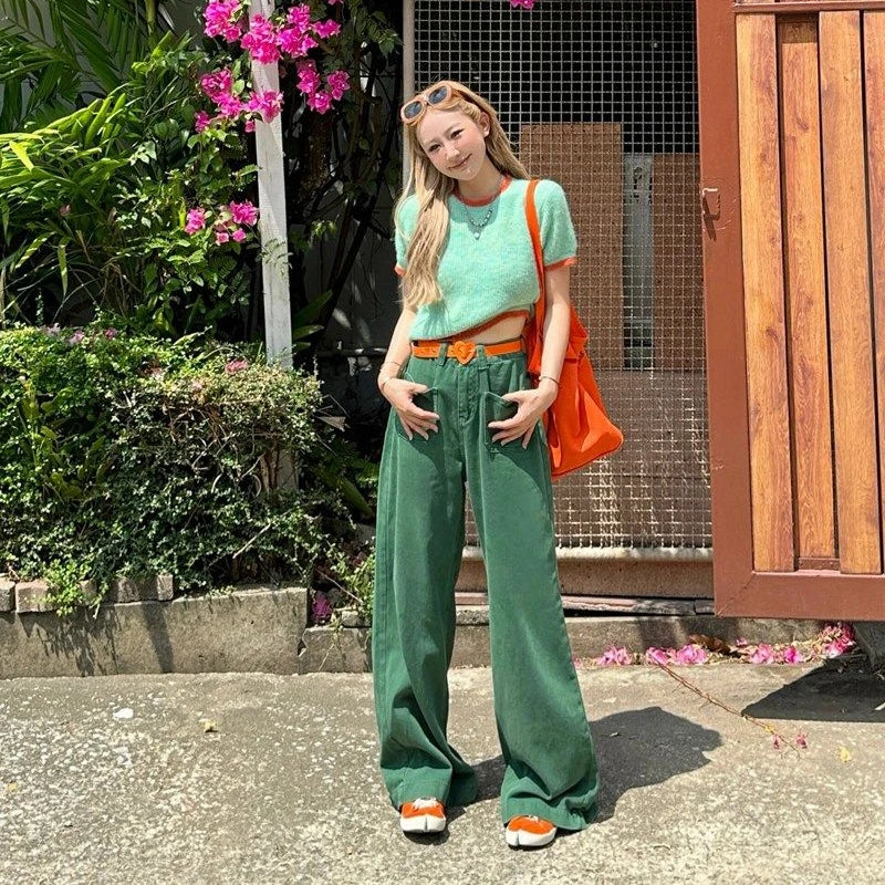 lovwvol Women's Green High Waisted Wide Leg Jeans Summer New Street Cool Girl Bottoms Thin Pants Female Printed Baggy Denim Trousers