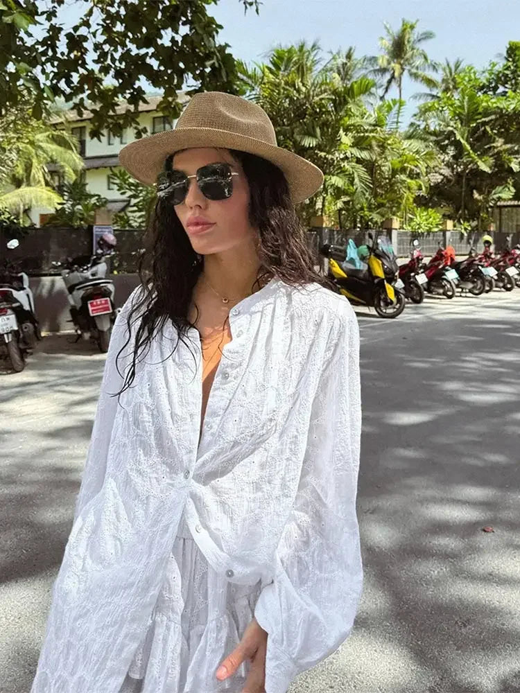 lovwvol White Long Sleeved Shirt Shorts Sets Women Loose Round Neck Single Breasted Blouse Suit 2024 Summer Fashion Lady Streetwears