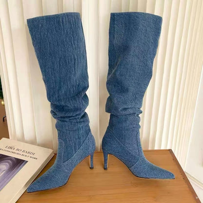 Pleated High Heels Denim Boots for Women  Autumn Jeans Knee High Cowboy Boots Woman Blue Thin Heeled Long Botas Feminina