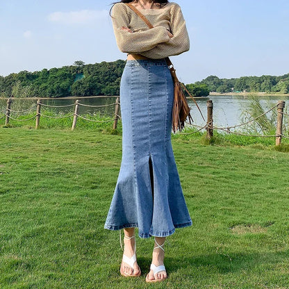 lovwvol  -  Korean Casual High-waisted Denim Mermaid Skirt Women's Spring Fashion Tight Slit Wrap Hip Skirt Female Clothing