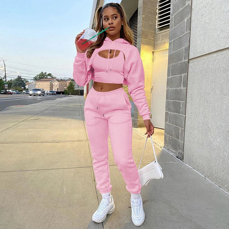 Women 3 Pieces Sets Sweatpants and Hoodie Set Cropped Tops Fleece Pants Suit Tracksuit Fitness Sport Jogger Outfit Clothing