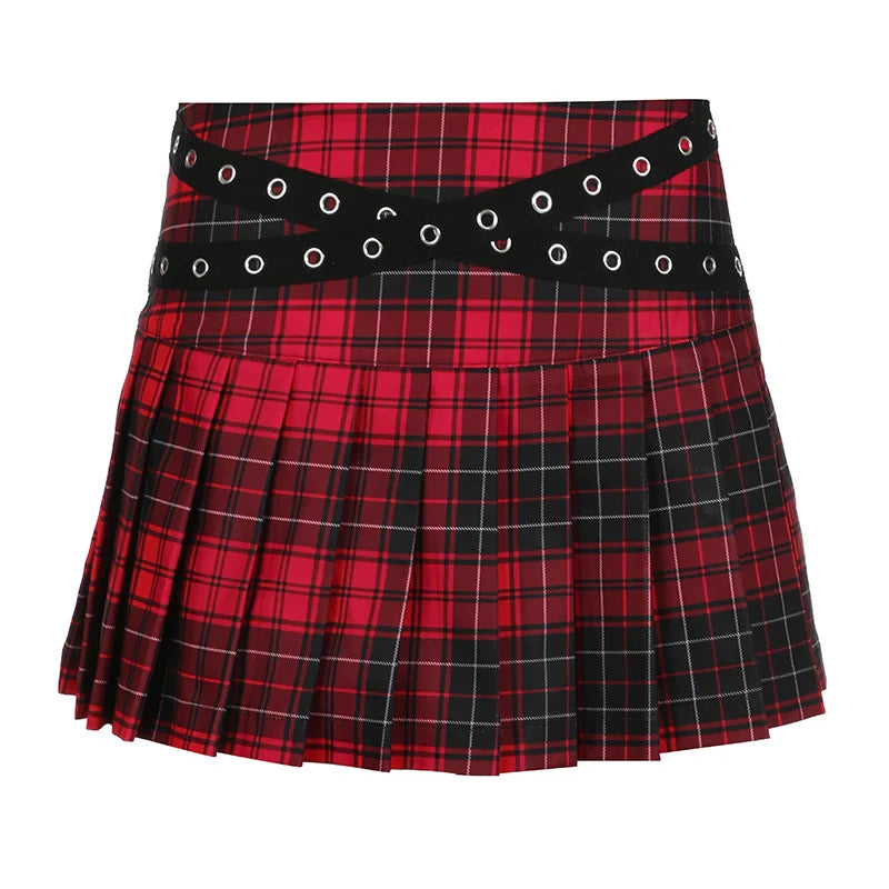 lovwvol Vintage Gothic Y2K Plaid Skirt Women Spliced Eyelet England Style Pleated Skirts Mini Girls Preppy Punk Dark Academia